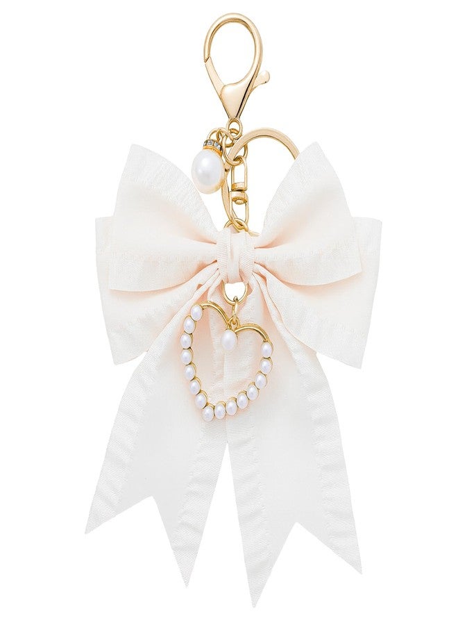 Clofiak Bow Purse Charms, Cute Bow Backpack Keychains for Women, Pearl Wristlet Keychain(Beige) - Image 1